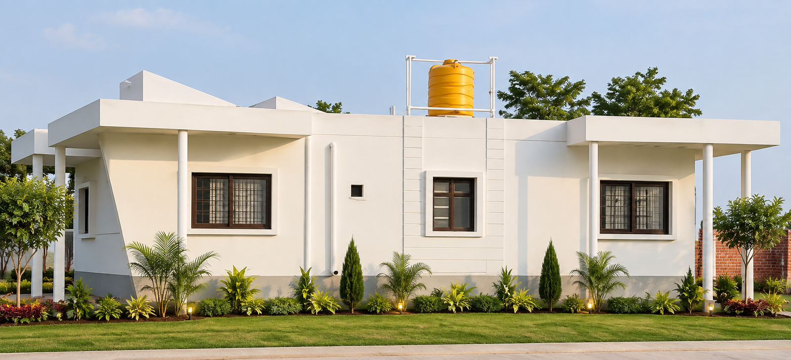 Wide exterior view of the villa in Darbhanga, with its white facade and landscaped garden